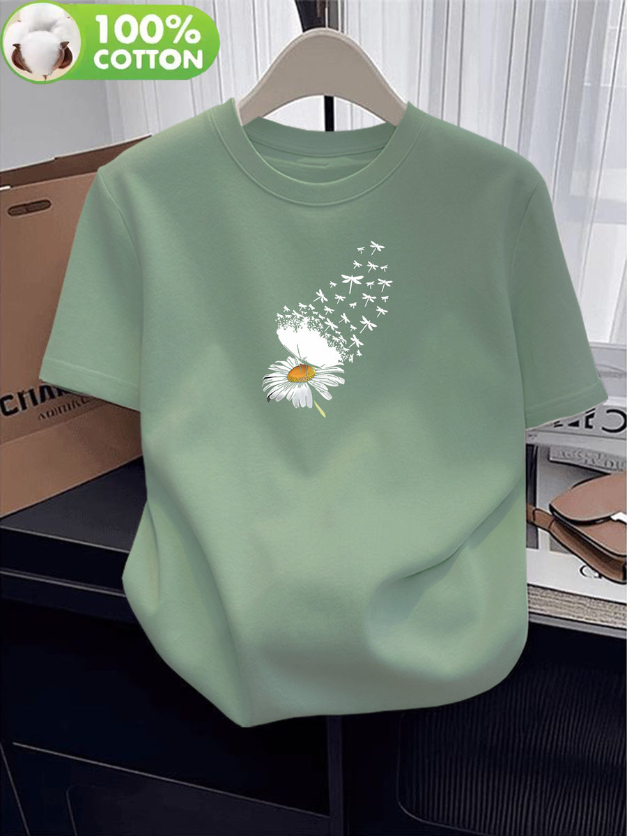 100% Women's T-Shirt, Summer Short Sleeve Lightweight Top, Trendy and Fashionable Standard Fit, Loose, Breathable, Versatile,, Fresh Little Daisy Pattern with Flying Bird Element, Simple and Artistic Design - Green