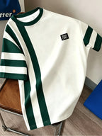 Men's Color Block Striped Crew Neck Short Sleeve T-Shirt, Simple Sporty Casual Color Block Striped Short Sleeve Top, Comfortable, Casual, Daily Wear, Digital Print - No Texture - Multicolor A