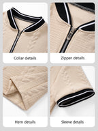 Men'S Cable Texture Short Sleeve Top, Retro Half-Zip Baseball Collar Polo Shirt, Summer Breathable Casual Versatile T-Shirt, Contrast White Trim Baseball Collar with Metal Half-Open Zipper, Suitable for Beach Vacation, Courtyard Leisure - Khaki