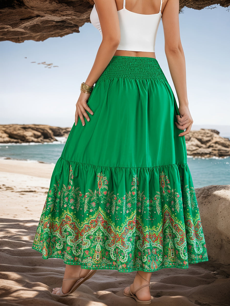 Flower Print Gathered Maxi Skirt - Green
