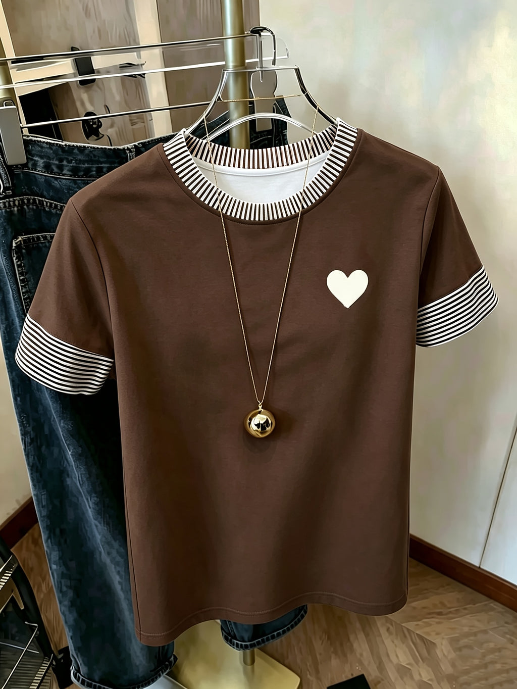 Striped Contrast Print Round Neck Short Sleeve T-Shirt, Women'S Easy Navy Small Heart Print Loose Casual Top - Coffee Brown