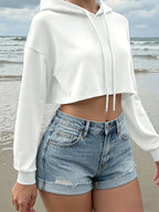 Women's Loose Fit Long Sleeve Top, Hot Style High Waist Crop Hooded Sweatshirt - White