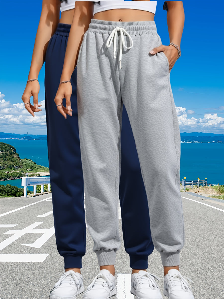 Women's 2pcs Casual Joggers with Drawstring Waist - Comfortable, Loose Fit Sweatpants with Pockets, Solid Color, Ladies Jogging Suits - light grey+created-sapphire