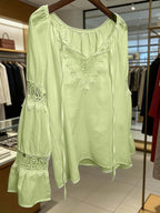 Women'S Spring Summer Retro Lace Patchwork V-Neck Lightweight Comfortable Cute Top, Elegant Comfortable Loose Casual Commute Dress Shirt - Greenish Yellow
