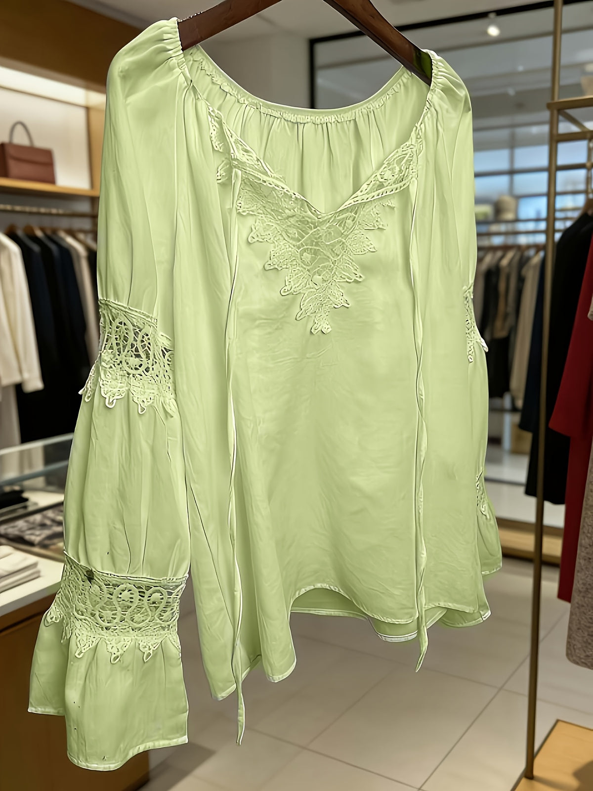 Women'S Spring Summer Retro Lace Patchwork V-Neck Lightweight Comfortable Cute Top, Elegant Comfortable Loose Casual Commute Dress Shirt - Greenish Yellow