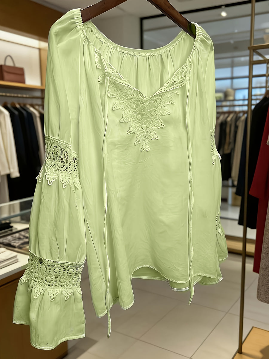 Women'S Spring Summer Retro Lace Patchwork V-Neck Lightweight Comfortable Cute Top, Elegant Comfortable Loose Casual Commute Dress Shirt - Greenish Yellow
