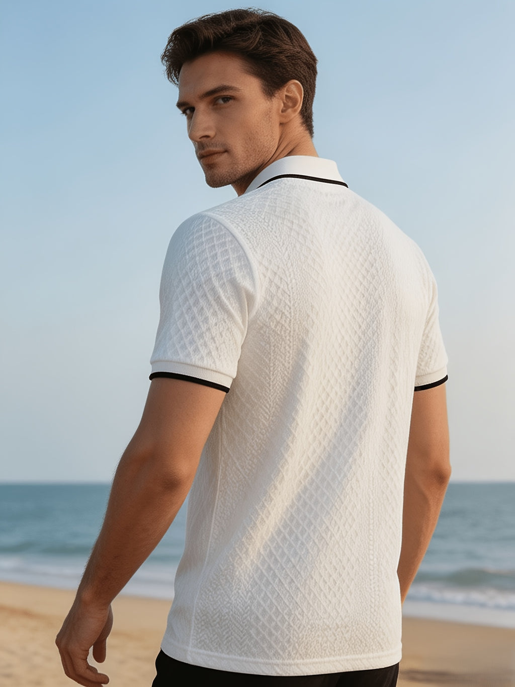 Men'S Quarter-Zip Knit Polo Shirt, Textured Diamond Jacquard Short Sleeve Top, Summer Golf Casual Office Street Wear - White