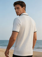 Men'S Quarter-Zip Knit Polo Shirt, Textured Diamond Jacquard Short Sleeve Top, Summer Golf Casual Office Street Wear - White