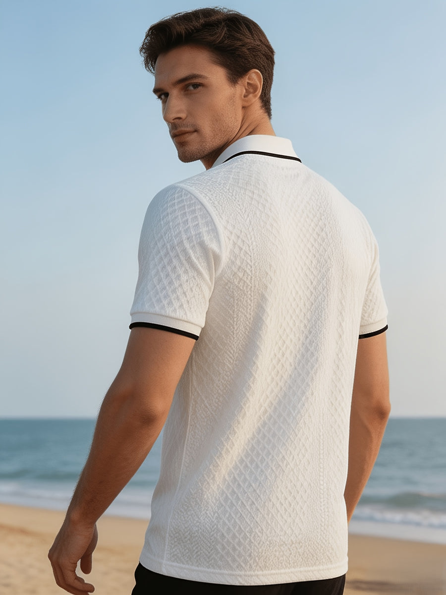 Men'S Quarter-Zip Knit Polo Shirt, Textured Diamond Jacquard Short Sleeve Top, Summer Golf Casual Office Street Wear - White