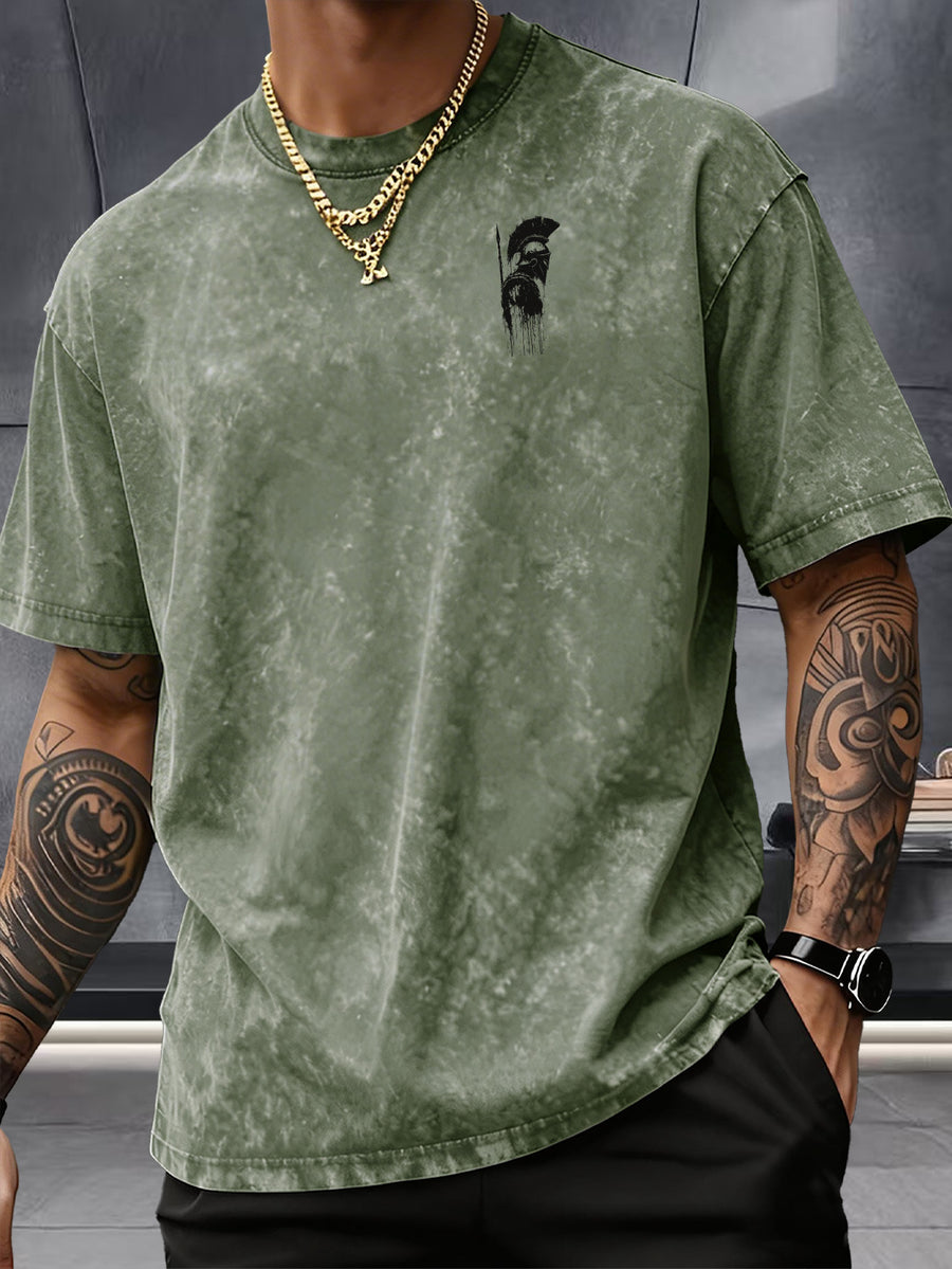 Short Sleeve T-Shirt, 100% Washed Distressed Loose Fit, Front And Back Double Print of Dark Ink Warriors, Casual Street Y2K Hip-Hop Style Couple'S Daily Commute Fitness Outing Statement Top - Military Green