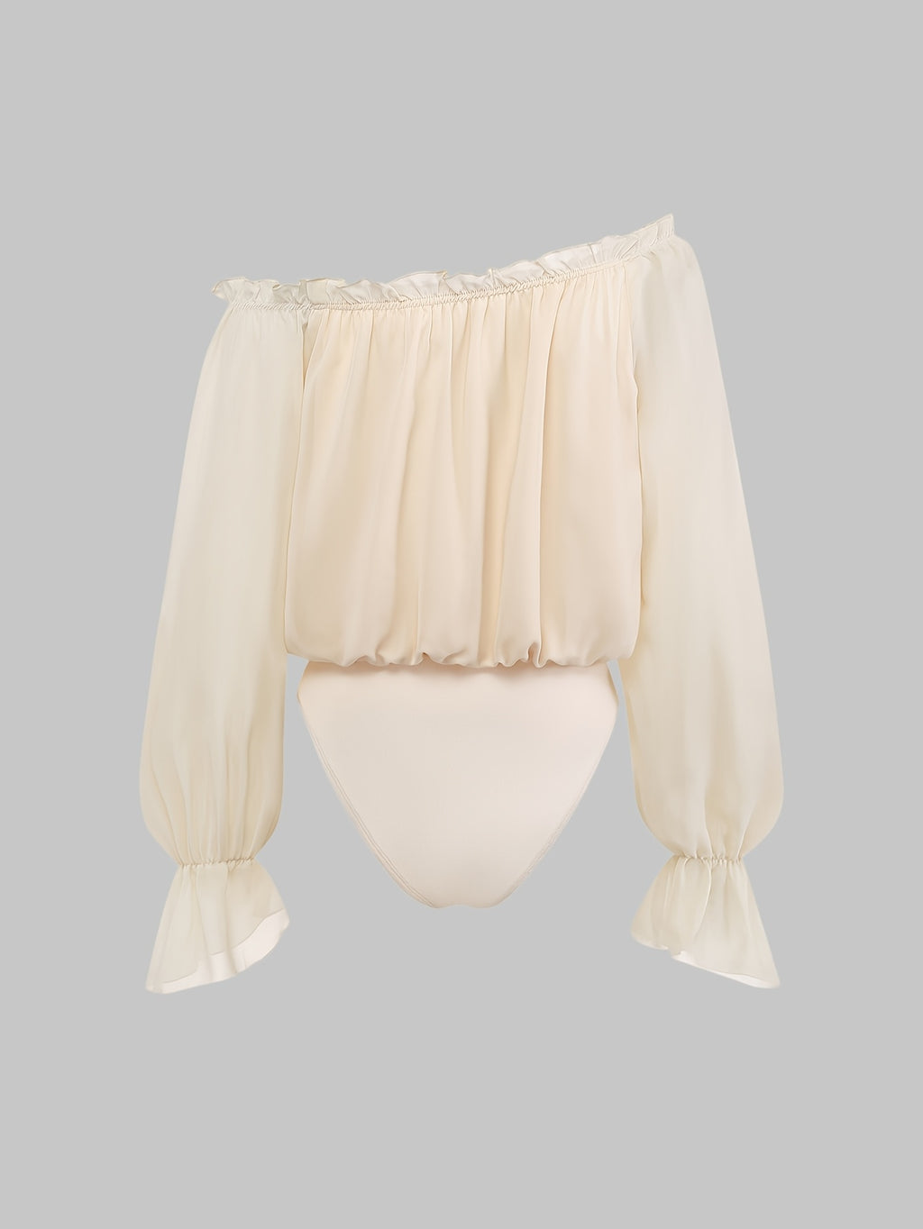 Women's Off-shoulder Bodycon Top, Chiffon Fabric, Lantern Sleeve Design, Ruffle Detailing, Pleated Design, New Spring/summer Women's Clothing - Apricot