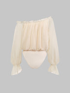 Women's Off-shoulder Bodycon Top, Chiffon Fabric, Lantern Sleeve Design, Ruffle Detailing, Pleated Design, New Spring/summer Women's Clothing - Apricot