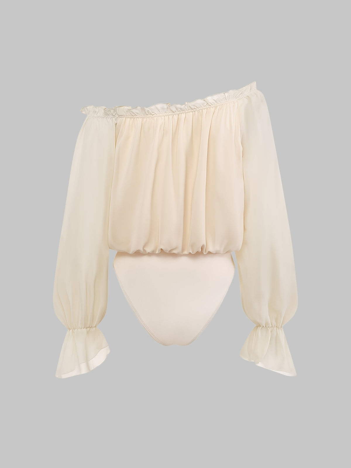 Women's Off-shoulder Bodycon Top, Chiffon Fabric, Lantern Sleeve Design, Ruffle Detailing, Pleated Design, New Spring/summer Women's Clothing - Apricot