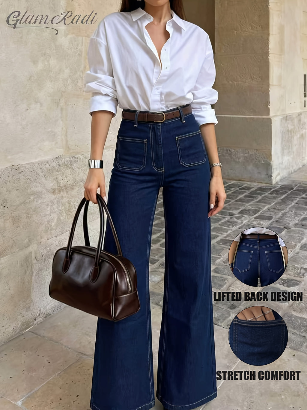 New Women'S High-Waist Wide Flare Jeans, Dark Blue with Front Patch Pockets And Stretch Fabric, Trendy Stylish Comfortable Cut. Ideal for Shopping, Commuting, Vacations, Festivals, And All Outdoor Occasions, Wearable Year-Round - Deep Blue
