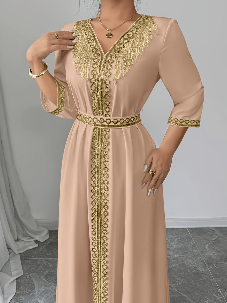 2026 New Abaya Robe Style Kimono Sleeve Long Dress V-Neck Caftan Robe Wrap Style Front Panel High Waist Empire Line Floor Length Dress Golden Lace Trim Sequined Embroidery Golden Bead Trim Golden Contrast Ruffle Tie Waist Skirt Muslim Fashion Arabic - Khaki