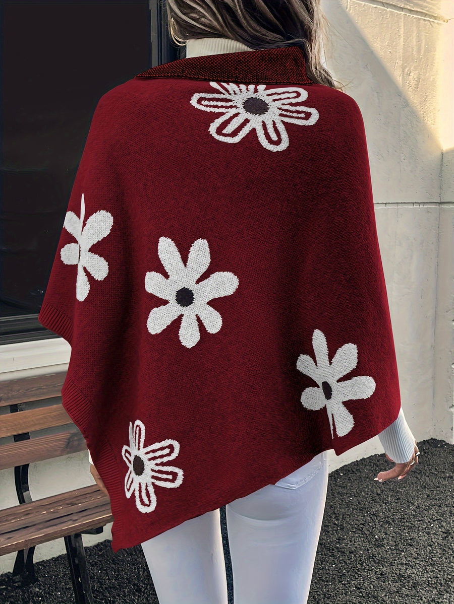 A Versatile And Elegant Cape That Can Be Worn in Various Styles Throughout The Year, Featuring Fashionable Contrasting Colors And a Textured Design, Complete with Buttoned Details - Deep Red