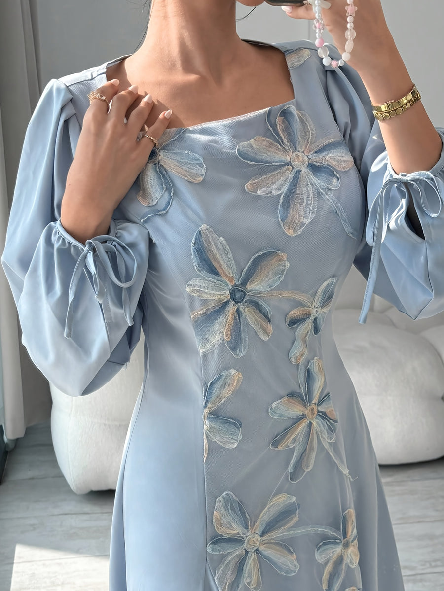New Women'S Dress New Misty Blue 3D Floral Dress Women'S French Elegant Square Neck Puff Long Sleeve Loose Long Dress Light Luxury Premium Drape Long Skirt Meat-Covering A-Line Style Banquet Date Party Gathering Daily Casual Temperament Outfit Niche - Blue