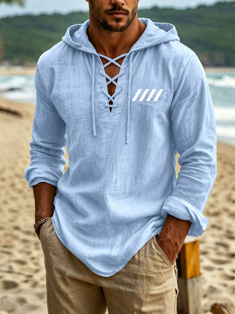 Men's Stylish Linen Hooded Long-sleeve Top Features a Geometric Slash Line Print Across the Chest for a Striking Visual Accent. The Cross-tie V-neck Collar Offers a Distinctive Collar Style, While the Hooded Long Sleeves and Arched Hem Make It - Sky Blue