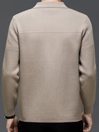 Du Jing Lan OBM Spring/Autumn New Arrival Men's Knitted Cardigan, Old Money Style Solid Color Striped Zipper Front Lapel Knit Cardigan, Men's Business Casual Fashion Zipper Front Knit Cardigan Top, Suitable for Spring, Autumn, and Winter - Khaki