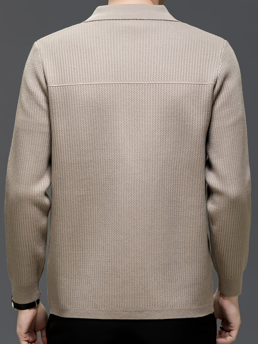 Du Jing Lan OBM Spring/Autumn New Arrival Men's Knitted Cardigan, Old Money Style Solid Color Striped Zipper Front Lapel Knit Cardigan, Men's Business Casual Fashion Zipper Front Knit Cardigan Top, Suitable for Spring, Autumn, and Winter - Khaki