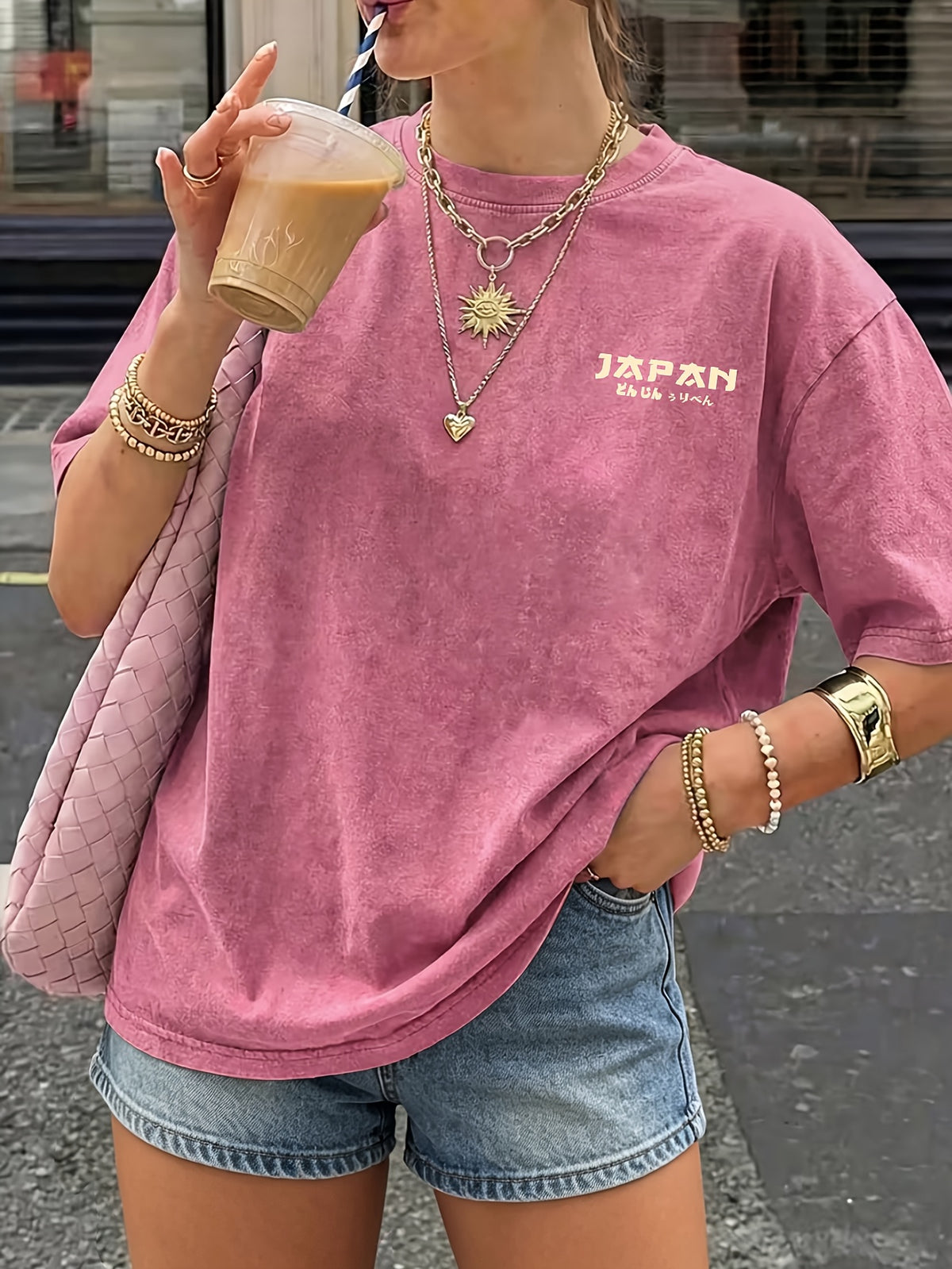 2026 Fashionable Trendy New Distressed Design Japanese Crane Pine Branch Print American Vintage Street Style Women'S Distressed All-Match Casual Retro Short Sleeve T-Shirt - Rose Red