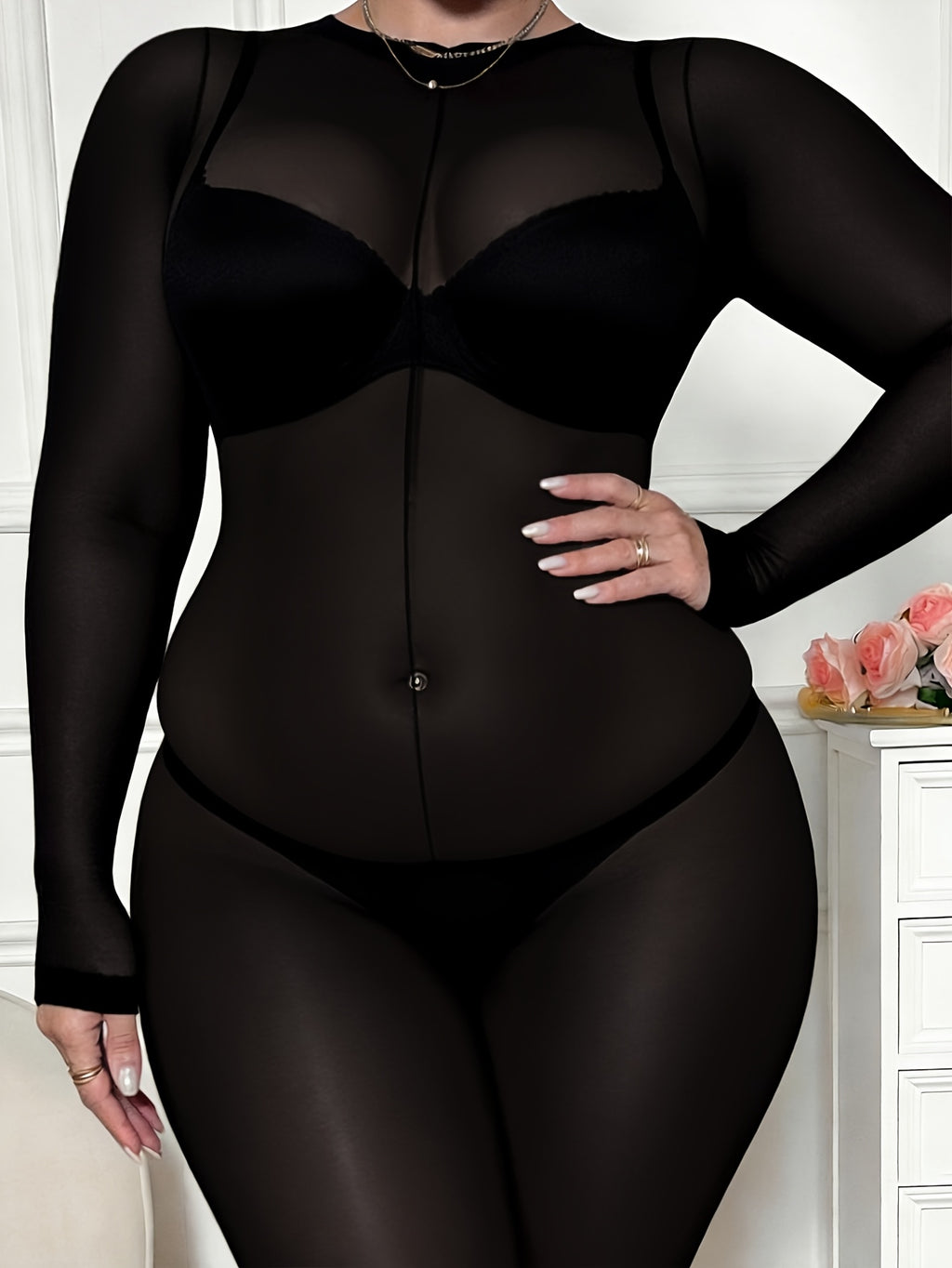 Plus-Size Women'S Sexy Nightwear, Seductive Sheer Gowns, Shaping Bodysuits, Romantic Nights - Black