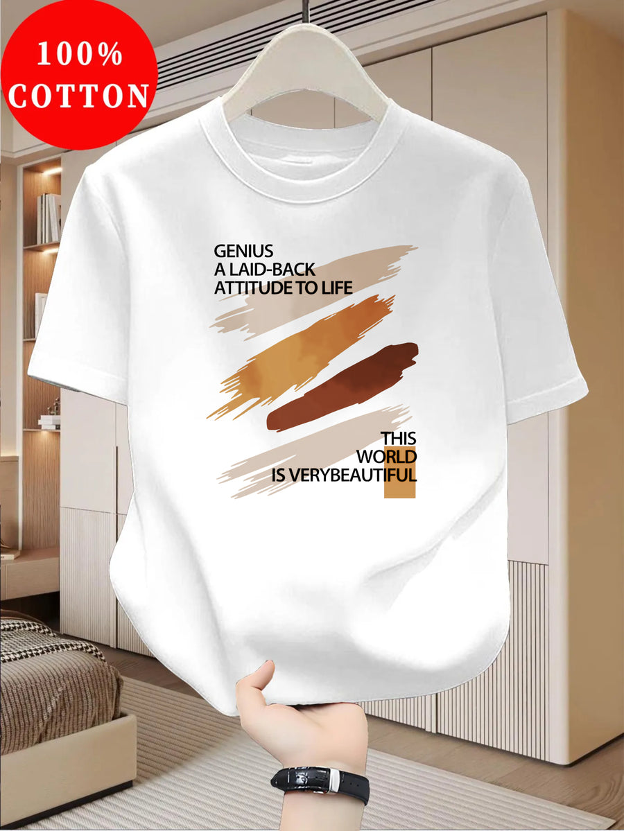 100% Cotton Men's T-Shirt, Summer Short Sleeve Thin Top, Trendy Fashionable Slim Fit, Simple and Casual, Versatile for Daily Wear, Artistic Brushstroke English Print with Slogan Pattern - White