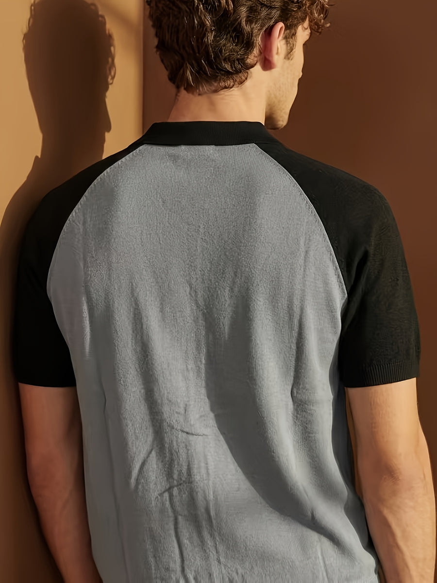 Men'S Color-Block Knit Polo Shirt, Summer Off-Shoulder Short Sleeve Top, Casual Versatile Breathable Base Layer, Light Mature Style Men'S POLO Sweater - Grey