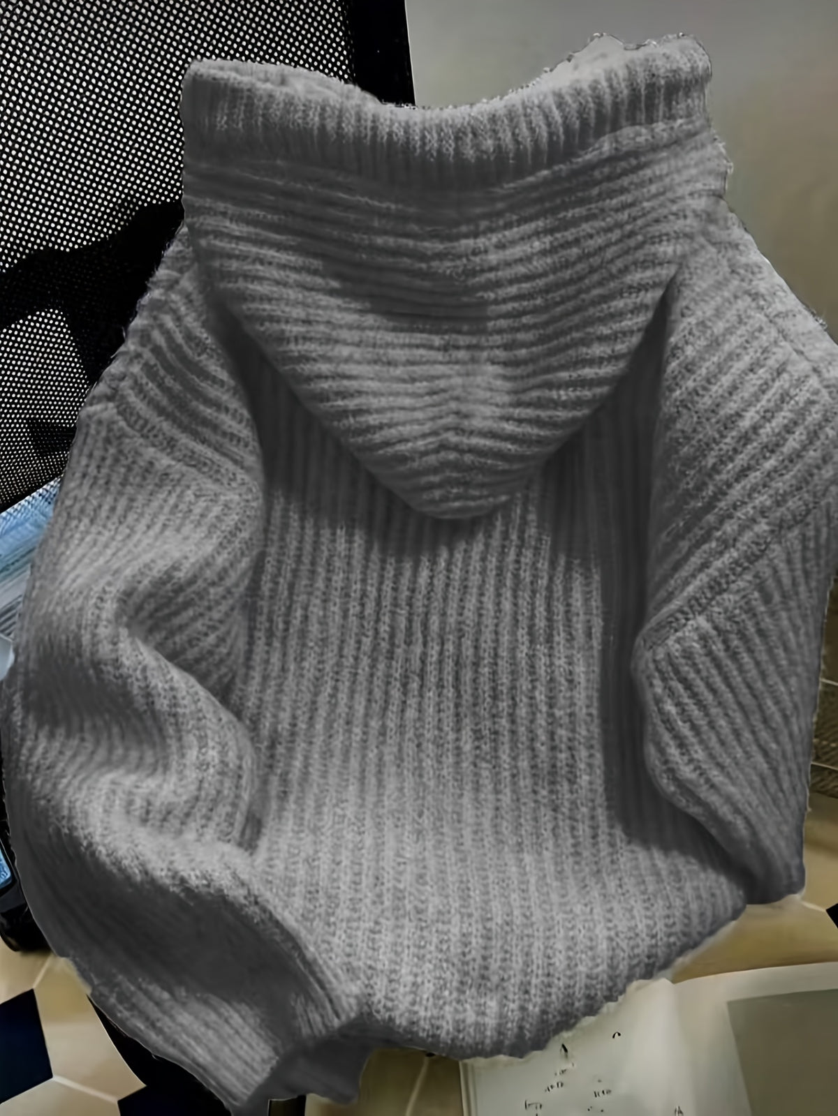 Hooded Chunky Cable- Sweater with Coarse Ribbed Texture, Tassels, Drawstring, Vertical Ribbed Detailing, and a Relaxed Fit. This Long-sleeve Pullover Features a Simple, Casual Design for a Laid-back and Effortless Look - Grey