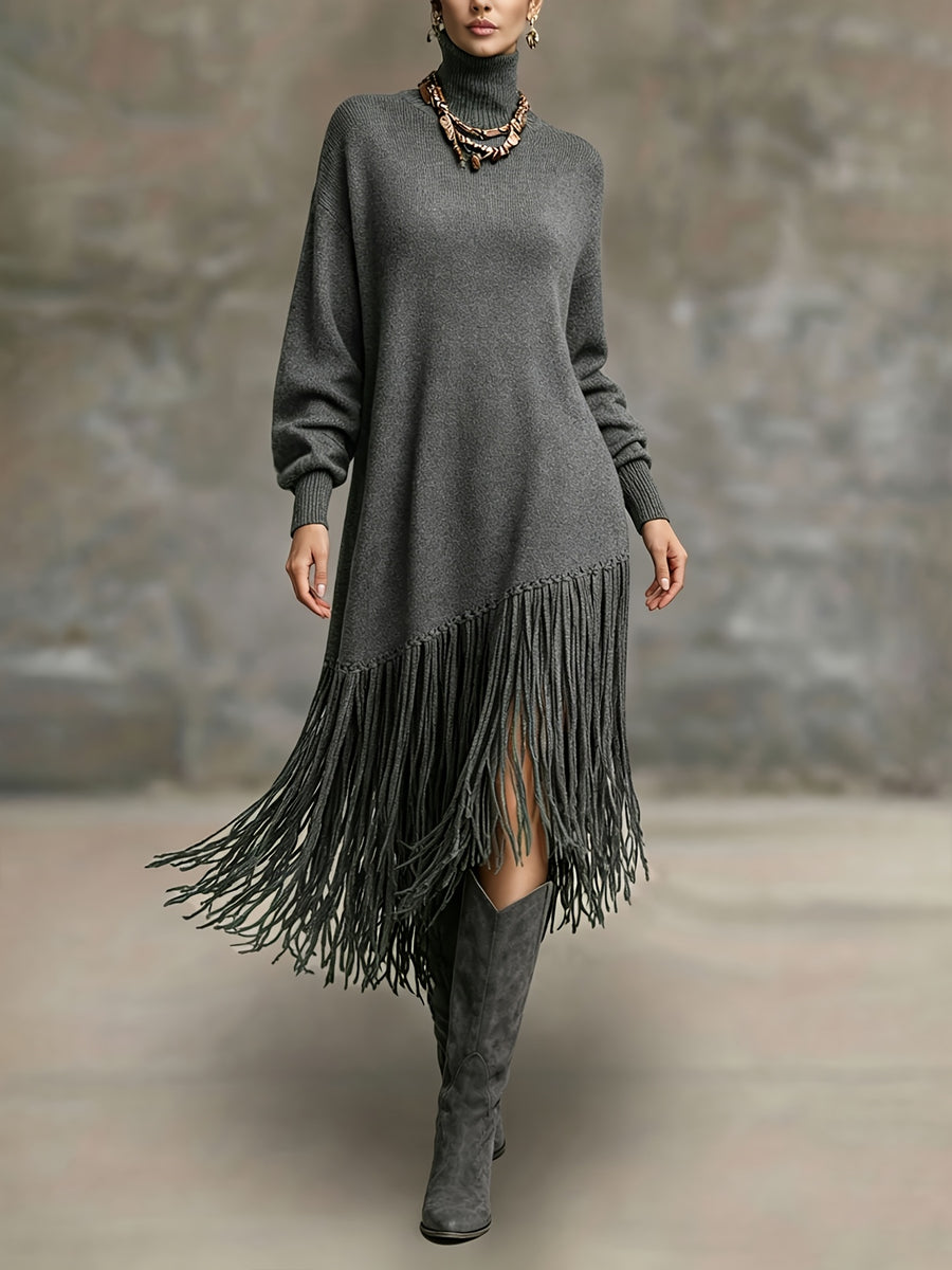 Women's Autumn New Arrival Bohemian Elegant Fringe Patchwork Hem Design St. Patrick's Day Natural Style Easter Atmosphere Vacation Knee-Length Dress - Dark Gray