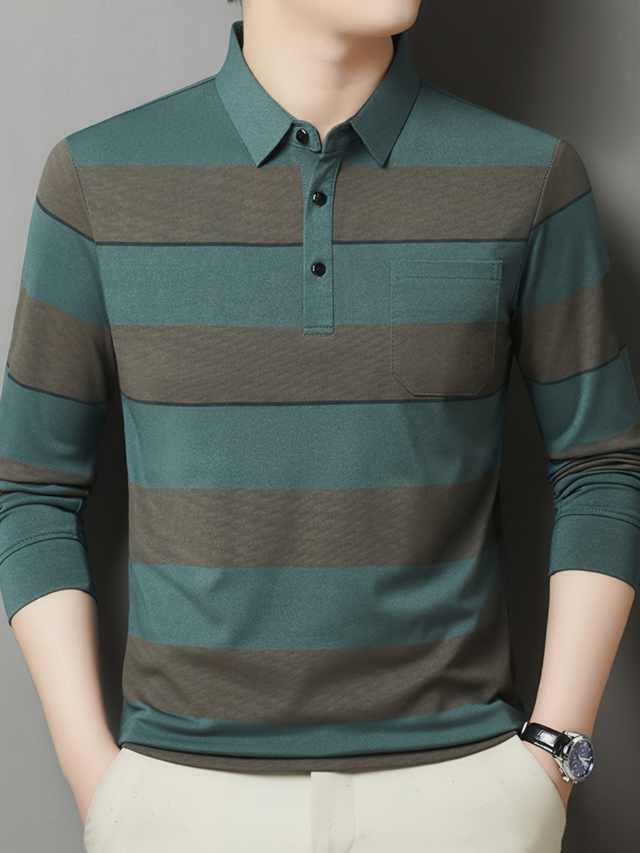 SaXing OBM Men's New Spring/Autumn Polo Shirt, Contrast Color Half-Open Placket Single-Breasted Polo Collar Long Sleeve Pullover Base Layer Top, Suitable for Spring, Summer, Autumn, and Winter Wear, Versatile for Daily and Casual Wear - Green
