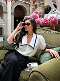Women's Clothing / Women's Tops, Blouses, and T-Shirts / Women's Tops / Elegant and Romantic French-Style Black and White Contrast Color Vintage OL Style Loose Button- Collar Short-Sleeve Shirt, Spring/Summer Collection - White