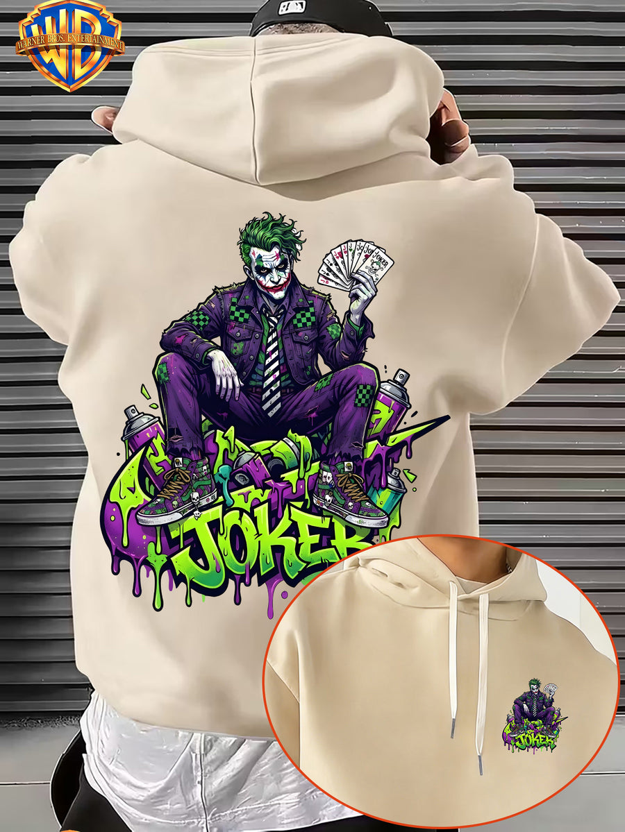 Warner Bros. JOKER Purple-Green Color Block Graffiti Art Font Spray-Painted Background Plaid Workwear Style Sneakers with Paint Drip Cool Print Men's Fashion Hooded Sweatshirt, Sleeve Print Design, Kangaroo Pocket, Drawstring Hood, Suitable for Daily - Apricot
