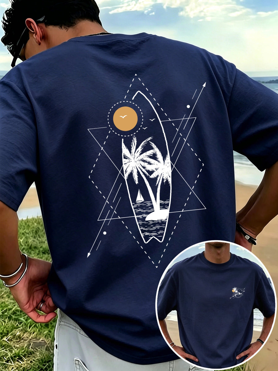 New Men's 100% Pure Cotton T-Shirt with Surfboard, Coconut Tree, and Sun Print, Comfortable and Breathable for Summer Casual Beach Vacations - Navy blue color