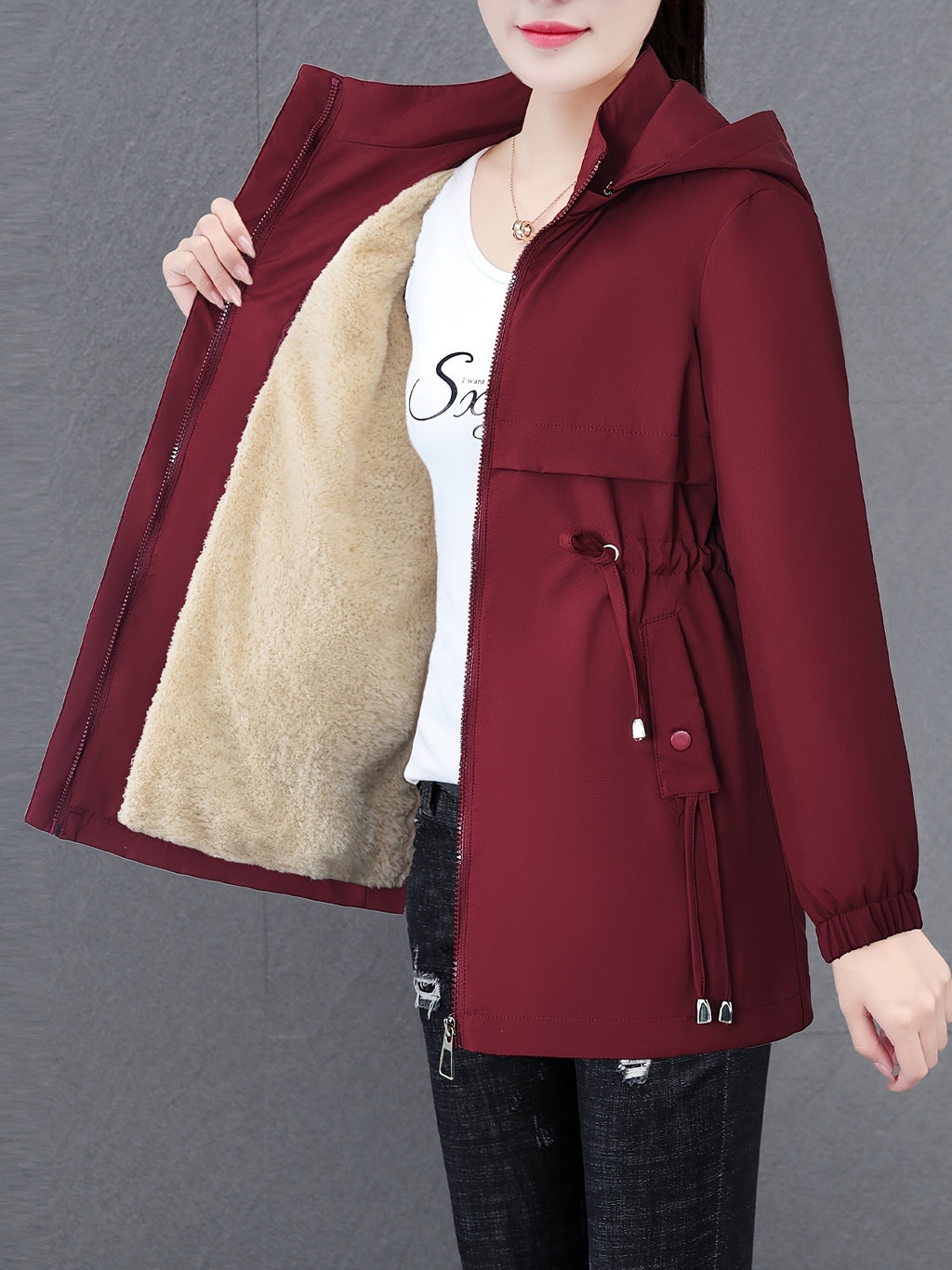 Women'S Fall Winter Fleece-Lined Thick Trench Coat, Warm Top Outerwear for Autumn Winter Season, Drawstring Waist Design, Elastic Windproof Cuffs, Easy Comfortable Lightweight Coat - Burgundy