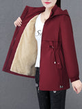 Women'S Fall Winter Fleece-Lined Thick Trench Coat, Warm Top Outerwear for Autumn Winter Season, Drawstring Waist Design, Elastic Windproof Cuffs, Easy Comfortable Lightweight Coat - Burgundy