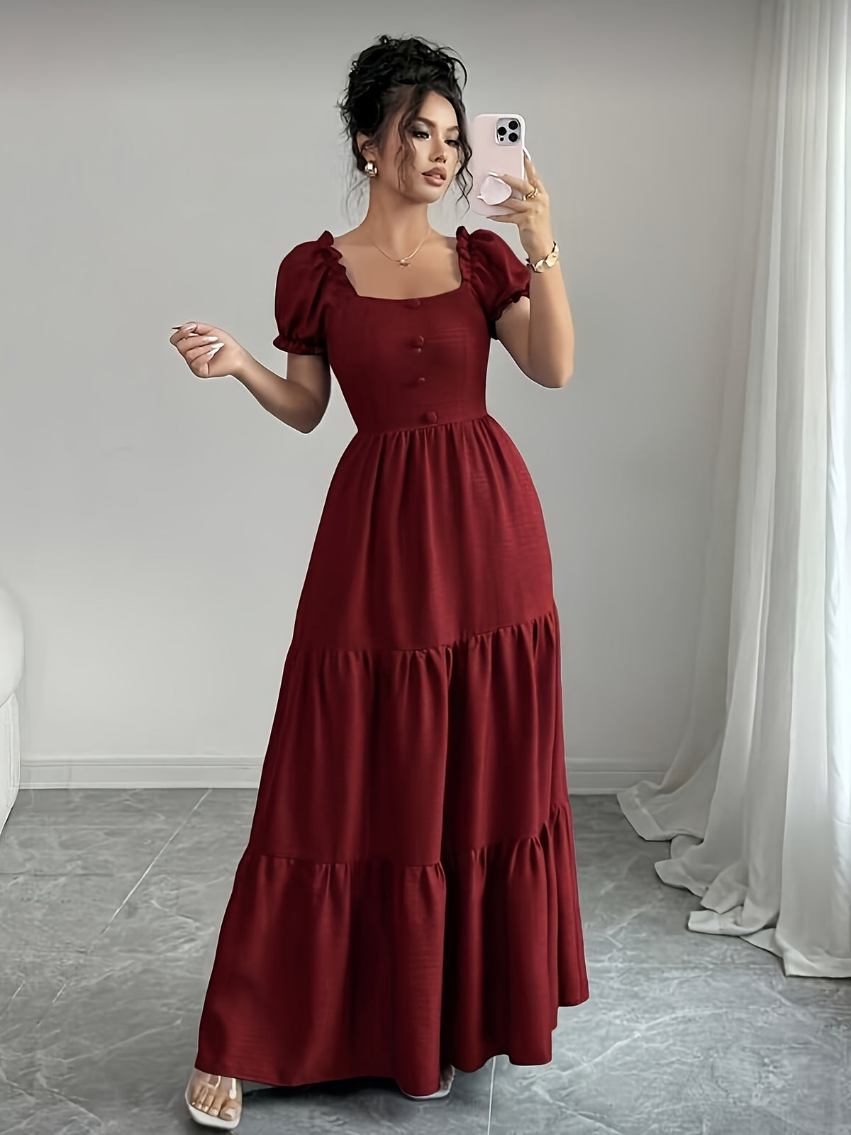 Elegant Daily Casual Women's Long Dress with Unique Neckline, Multi-Layer Patchwork, Ruffle Trim, Slim-Fit Bohemian Style Maxi Dress - Burgundy