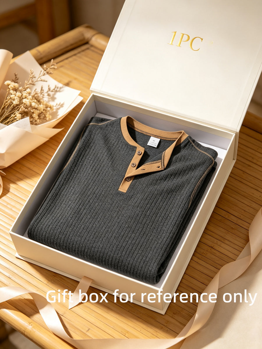 1pc Men'S Spring Summer Casual Henley Shirt, Long Sleeve T-Shirt, Retro Color-Block Trimmed Button-Front, American Easy Versatile Base Layer, Casual Commute Date Comfortable Top Single Pc - Dark Gray