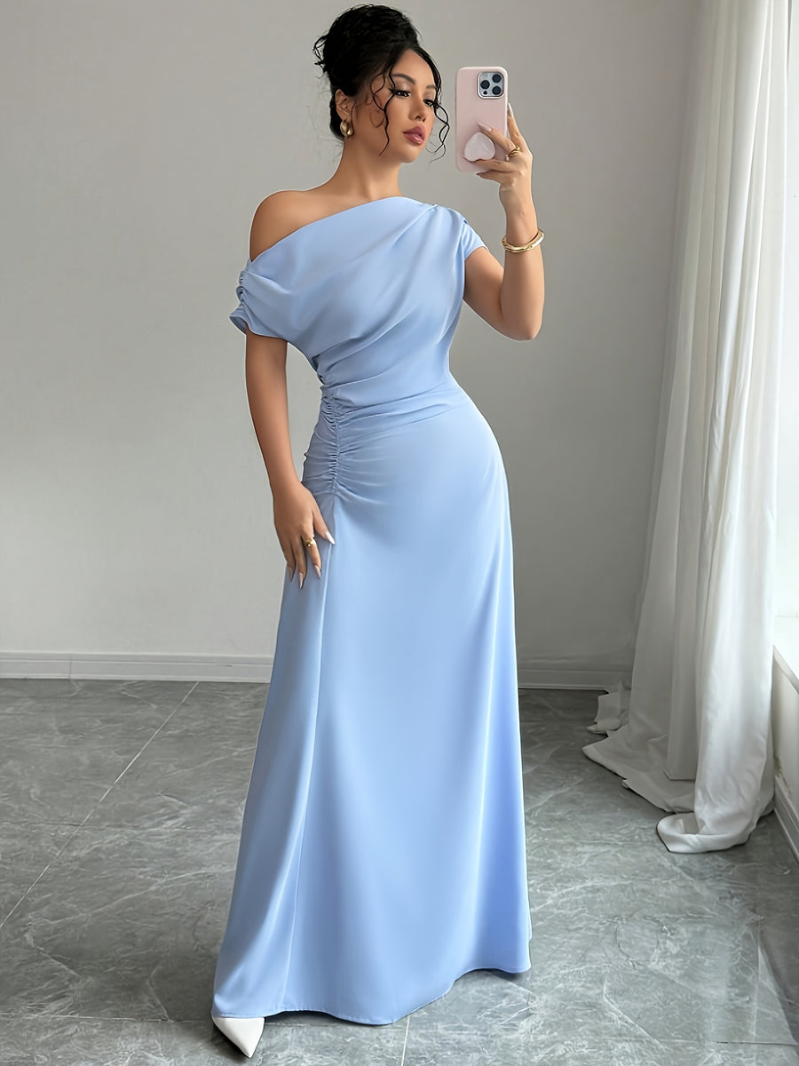 Off-Shoulder And Ruched Waist Elegant Off-Shoulder Fashion Date Commute Evening Dress Ultra-Long Bridesmaid Gown - Blue