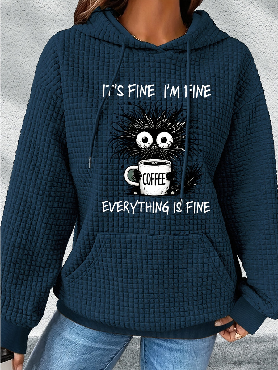 Women'S Black Hoodie with "It'S Fine I'm Fine Everything is Fine" Cartoon Cat & Coffee Design - Cozy Long Sleeve Pullover for Fall/Winter, Casual Everyday Hoodie, Casual Wear Hoodie | Playful Graphic Hoodie | Construction, Cat Hoodie - navy blue