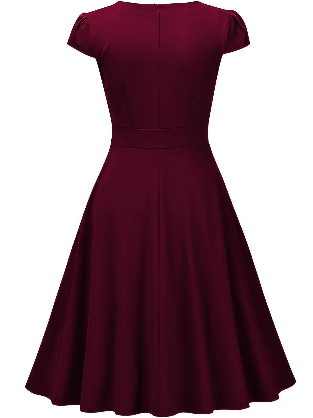 Summer Women'S Fashion Easy Solid Color Cross V-Neck Short Sleeve Waist-Cinching A-Line Midi Dress, Suitable for Daily Wear, Commuting, Office, And Business Formal Occasions - Burgundy