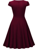 Summer Women'S Fashion Easy Solid Color Cross V-Neck Short Sleeve Waist-Cinching A-Line Midi Dress, Suitable for Daily Wear, Commuting, Office, And Business Formal Occasions - Burgundy