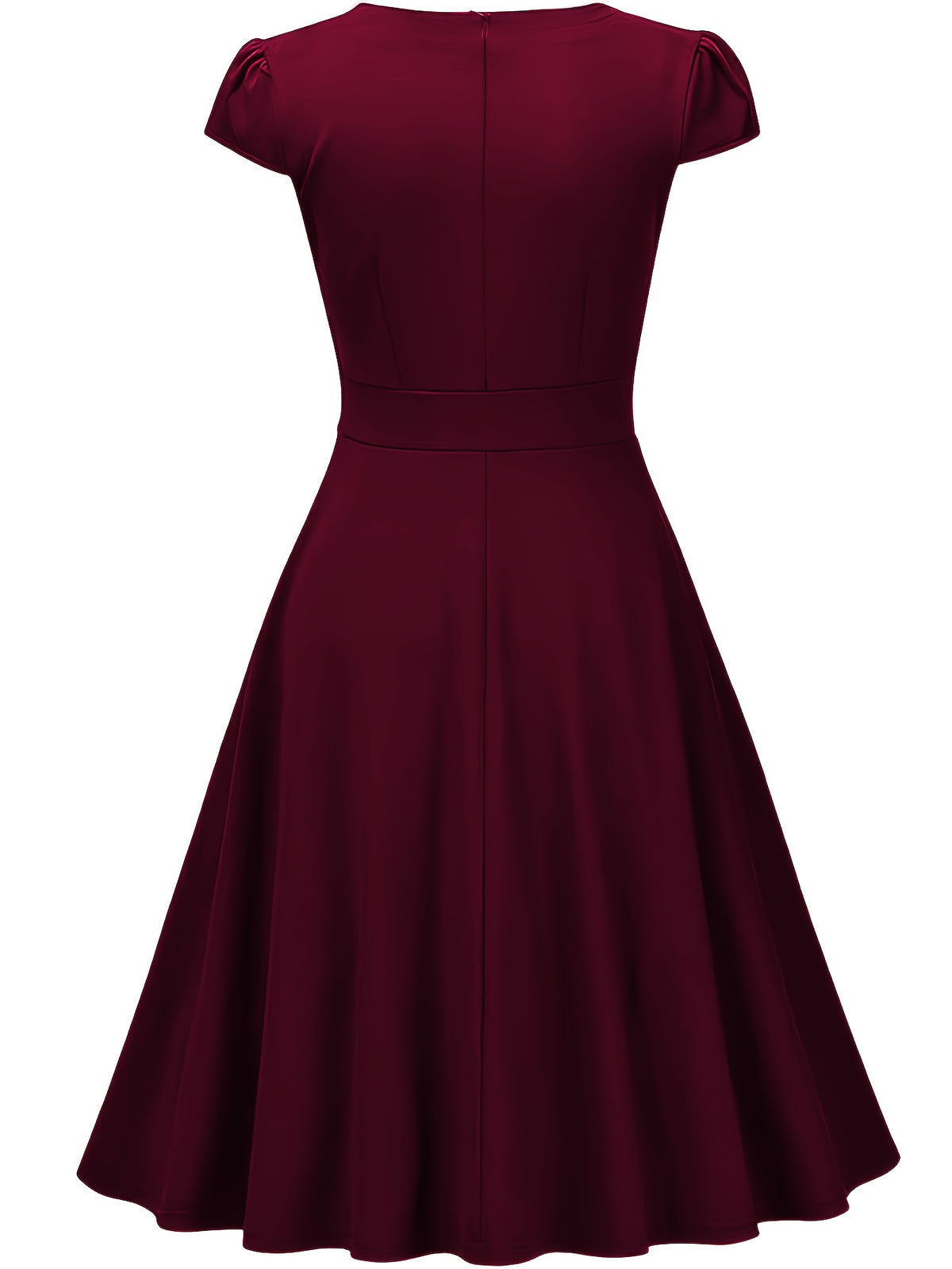 Summer Women'S Fashion Easy Solid Color Cross V-Neck Short Sleeve Waist-Cinching A-Line Midi Dress, Suitable for Daily Wear, Commuting, Office, And Business Formal Occasions - Burgundy