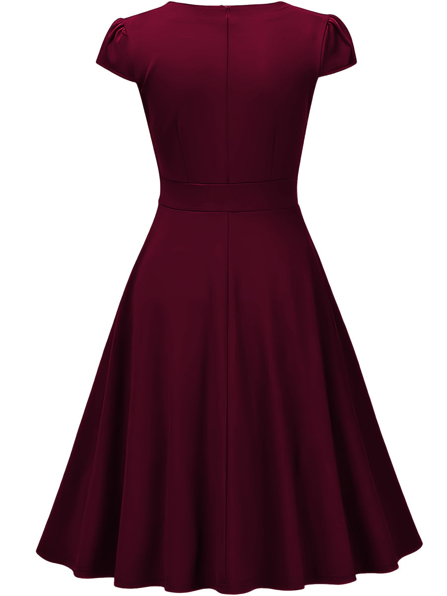 Summer Women'S Fashion Easy Solid Color Cross V-Neck Short Sleeve Waist-Cinching A-Line Midi Dress, Suitable for Daily Wear, Commuting, Office, And Business Formal Occasions - Burgundy