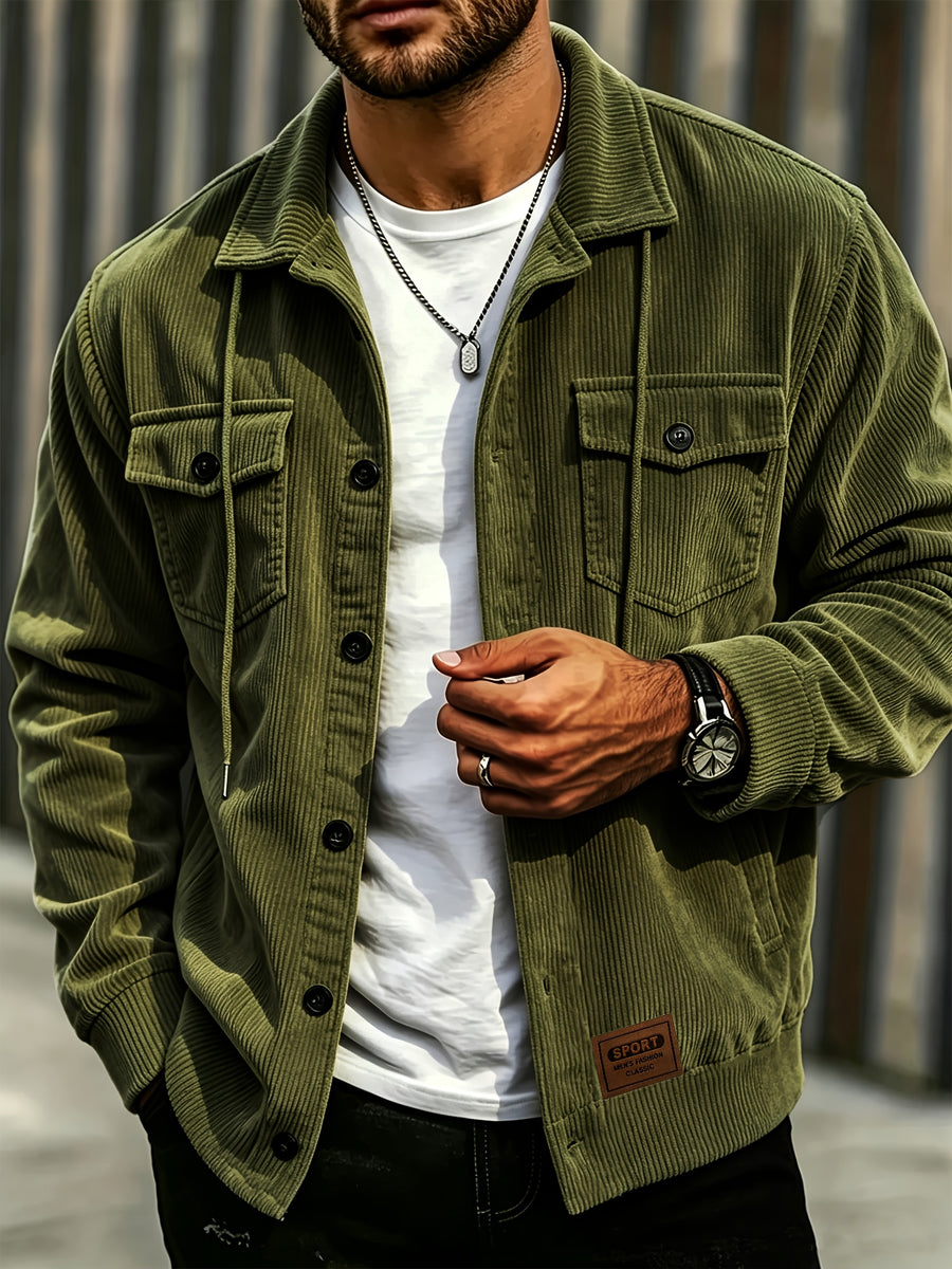 BOWZ Men's Corduroy Jacket Button-Up Cardigan Coat with Stand Collar & Drawstring Hood Suitable for Sports, Casual Commuting Jacket, Corduroy Button-Front Closure, Machine Washable Fall Outerwear, Solid Color Regular Fit Cardigan Gift - Olive