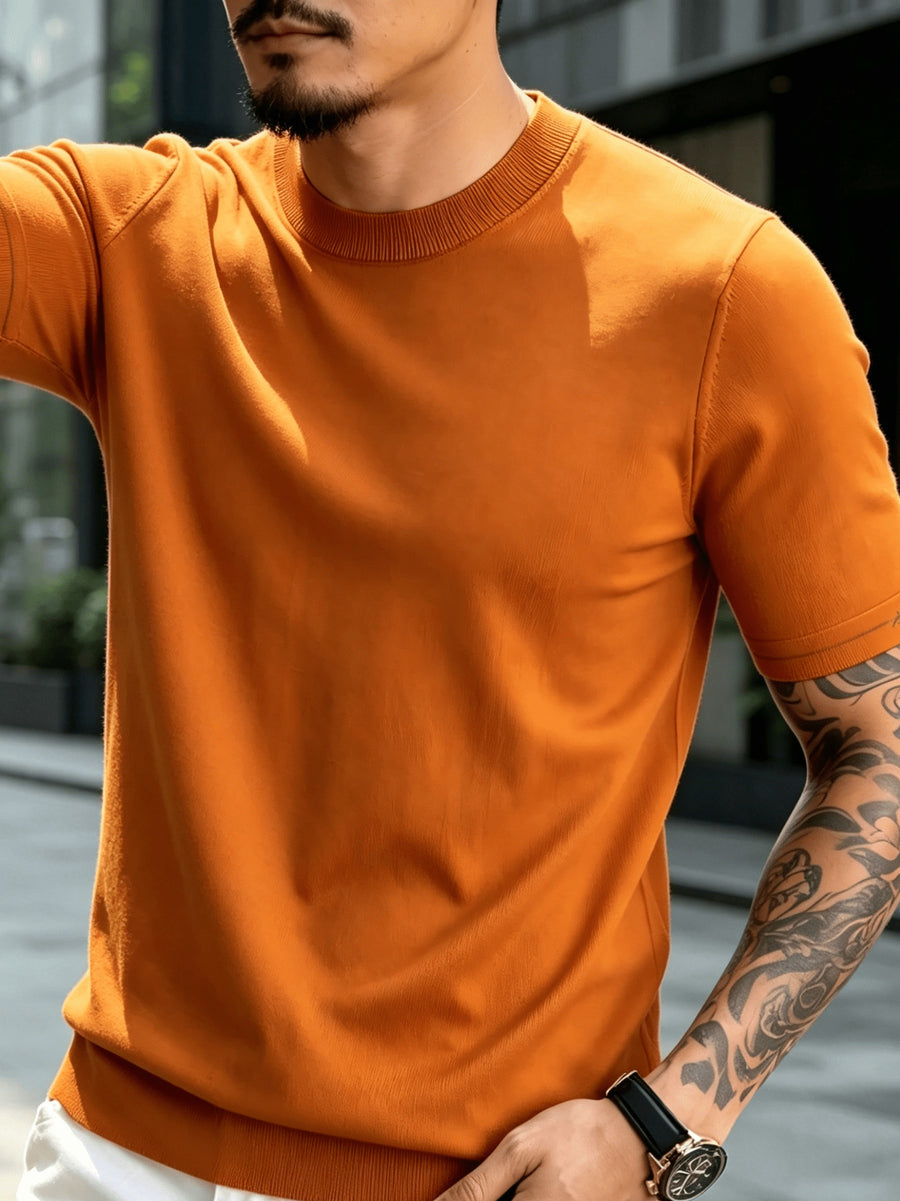 Men' Summer Short-Sleeve Knit Shirt with White-Trimmed Cuff - Stretchable Round Neck -Compatible Suitable for Urban Streetwear & Business Casual, Solid Color Multi-Color Tunic Top for Commuting and Office Wear - Emma Orange