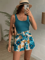 Summer Vacation Style Bright Orange Camisole + Tie-Side Shorts 2pcs Set - Lake Blue Strap Top + Lake Blue Printed Skirt