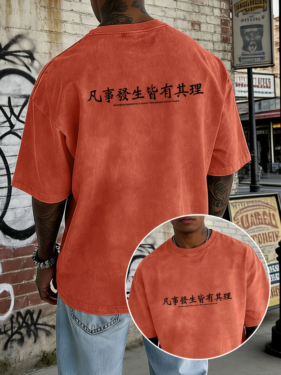 Men's Loose-Fit Washed Distressed Short-Sleeve Cotton T-Shirt Top, Trendy Reversible Double-Sided Print, 12 Colors for Mix & Match, Minimalist "Everything Happens for a Reason" Chinese Character & Foreign Language Combination Print, National Chic - Orange