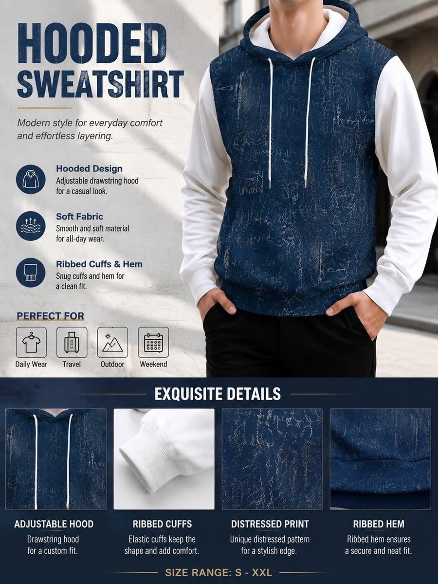 Men's Long Sleeve Pullover Hoodie, Color Block Distressed Texture Pattern, Digital Print, Drawstring Hood, Ribbed Hem, Regular Fit, Polyester, Casual, Daily Wear, Weekend Leisure, Spring and Autumn - Mixed colors