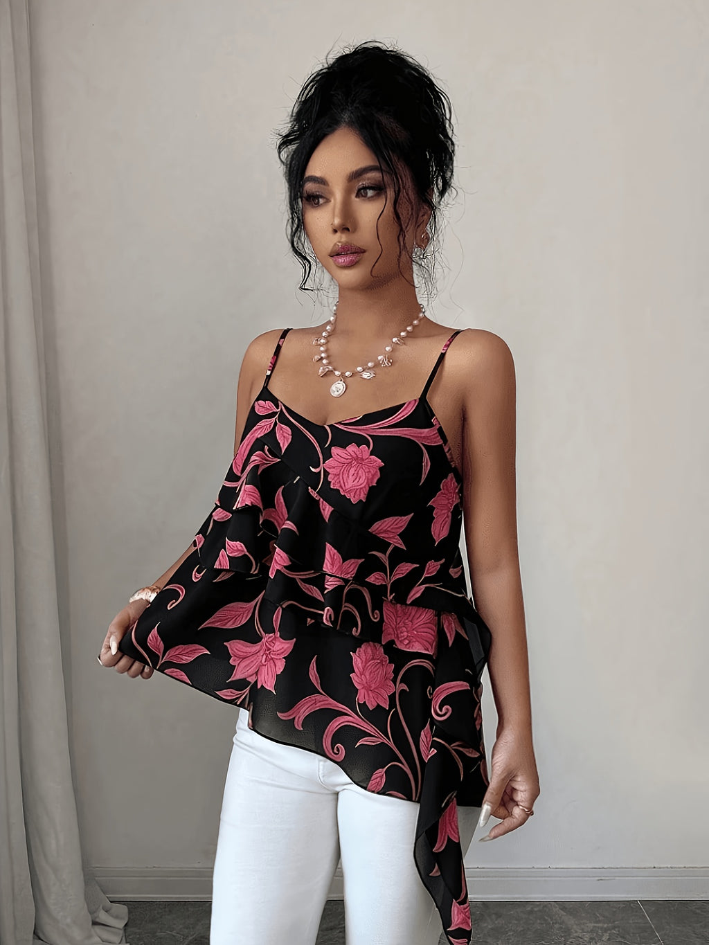 2026 Summer New Pink Floral Ruffled Camisole Women'S Summer Irregular Hem Body-Shaping Thin Chiffon Top Hot Top - Black